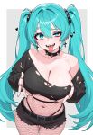  1girl absurdres aqua_eyes aqua_hair black_collar black_shirt black_shorts breasts collar commentary cropped_shirt cross cross_earrings earrings english_commentary fish fishnet_pantyhose fishnets hair_between_eyes hatsune_miku highleg highleg_panties highres jewelry large_breasts long_hair looking_at_viewer moursho navel open_mouth panties panty_straps pantyhose piercing sharp_teeth shirt short_shorts shorts simple_background single_off_shoulder solo spiked_collar spikes teeth tongue tongue_out tongue_piercing torn_clothes torn_shirt torn_shorts twintails underwear very_long_hair vocaloid 