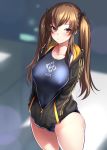  1girl black_jacket blue_swimsuit blurry blurry_background bosshi breasts brown_eyes brown_hair closed_mouth collarbone covered_nipples girls_frontline hair_ornament hair_ribbon hairclip hands_in_pockets highres jacket large_breasts long_hair long_sleeves one-piece_swimsuit ribbon solo swimsuit twintails ump9_(girls_frontline) 