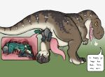 anal anal_penetration anal_vore anthro buttplug buttplug_in_ass buttplug_insertion dinosaur duo feral genitals hgythshs hi_res internal larger_feral male male/male mrjakkal object_in_ass penetration penis plug_(sex_toy) plug_insertion prehistoric_species reptile saurischian scalie sex_toy sex_toy_in_ass sex_toy_insertion size_difference smaller_anthro speech_bubble tapering_penis theropod tyrannosaurid tyrannosauroid tyrannosaurus tyrannosaurus_rex vore