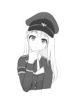  1girl fingers_to_mouth girls_frontline greyscale hat long_hair longkoong looking_at_viewer military military_hat military_jacket military_uniform monochrome solo stg44_(girls_frontline) uniform white_background 