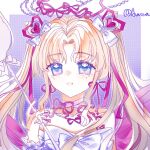  1girl arm_warmers armlet artist_name back_bow bare_shoulders bead_necklace beads blonde_hair blue_eyes border bow bowtie choker cone_hair_bun double_bun dreamtime_bestowed_(infinity_nikki) dress eyelashes frilled_arm_warmers frills gem gem_hair_ornament gradient_eyes grey_bow hair_bow hair_bun hair_ribbon halftone halftone_background halo happy heart-shaped_gem holding holding_spoon infinity_nikki jewelry jintiannihezhoulema99294 large_bow long_hair long_sidelocks multicolored_eyes neck_ribbon necklace nikki_(series) open_mouth outline outside_border oversized_object parted_bangs pink_bow pink_choker pink_gem pink_ribbon purple_background purple_eyes ribbon ribbon_earrings sidelocks sleeveless sleeveless_dress smile solo spaghetti_strap spoon sprinkles twintails two-tone_eyes upper_body very_long_hair white_arm_warmers white_border white_bow white_bowtie white_dress white_outline wrist_bow 