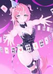  1girl black_leotard black_thighhighs breasts camila_(vtuber) card cleavage commentary diamond_(shape) diamond_facial_mark facial_mark frilled_leotard frills hat highres indie_virtual_youtuber leotard long_hair marikami63016 medium_breasts multicolored_hair party_hat pink_hair playboy_bunny playing_card pointy_ears purple_eyes reaching reaching_towards_viewer short_twintails sparkle standing streaked_hair striped_clothes striped_thighhighs tail thick_thighs thighhighs thighs twintails virtual_youtuber white_hair white_streaks 