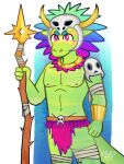 anthro bandage bandaged_arm bandaged_leg blush blush_lines bodypaint bone clothing collar face_paint gold_(metal) gold_jewelry green_body headgear headwear hi_res holding_object holding_staff jewelry lihzahrd lizard male markings pecs pink_marky red_eyes reptile scalie shirtless skull solo staff tail terraria tribal witch_doctor_(terraria) yellow_markings