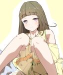  1girl absurdres armpit_crease bare_shoulders blunt_bangs blush brown_hair closed_mouth clothing_cutout commentary dress feet_out_of_frame frilled_dress frills highres kachimachi_kosuzu kachimachi_kosuzu_(birthday_sleepwear) knees_up link!_like!_love_live! llb long_hair looking_at_viewer love_live! outline pink_eyes shoulder_cutout side_ahoge sitting smile solo sweatdrop virtual_youtuber white_outline yellow_background yellow_dress 