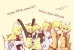 1boy 1girl :3 agi_(kankarado) angry arm_up bandaid blonde_hair blush book bow brother_and_sister closed_eyes clothes_around_waist english_text glasses green_eyes grin gun hair_bow hair_ornament hair_ribbon hairclip headphones holding holding_gun holding_weapon jacket jacket_around_waist kagamine_len kagamine_len_(school_jersey) kagamine_len_(school_outfit) kagamine_len_(student_council_officer) kagamine_len_(stylish_energy) kagamine_rin kagamine_rin_(school_oufit) kagamine_rin_(stylish_energy) kagamine_rin_(trad_school) looking_at_another multiple_persona official_alternate_costume polka_dot polka_dot_background ponytail project_diva_(series) project_diva_2nd project_diva_extend ribbon school_uniform short_hair siblings simple_background smile spiked_hair sweatdrop track_suit twins vocaloid weapon white_ribbon yellow_background 