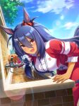  1girl absurdres animal_ears black_hair blue_sky blush breasts cloud dark-skinned_female dark_skin drinking_fountain ear_ornament ear_scrunchie fang game_cg gym_shirt hair_between_eyes hair_ornament hairclip highres hishi_amazon_(umamusume) horse_ears horse_girl horse_tail jacket large_breasts leaning_forward long_hair looking_at_viewer official_art open_mouth outdoors pants red_eyes red_jacket red_pants red_scrunchie red_track_suit scrunchie shirt sky smile solo striped_clothes striped_scrunchie sweat tail third-party_source tracen_training_uniform track_jacket track_pants track_suit tree umamusume very_long_hair water white_shirt 