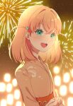  1girl aerial_fireworks aqua_eyes commentary_request crossed_bangs fireworks hair_intakes hair_ornament highres hinoshita_kaho hinoshita_kaho_(hokkoku_hanabi) japanese_clothes kimono link!_like!_love_live! looking_at_viewer love_live! mano_409 medium_hair night obi orange_kimono orange_sash outdoors rabbit_hair_ornament sash sky solo star_(sky) starry_sky teeth two_side_up upper_body upper_teeth_only virtual_youtuber 