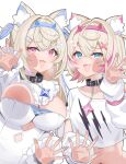  2girls :3 against_fourth_wall against_glass ahoge animal_collar animal_ear_fluff animal_ears arm_warmers bandaid bandaid_hair_ornament bib_collar black_collar blonde_hair blue_eyes blue_hairband blue_streaks breast_press breasts breasts_on_glass center_opening chain cleavage cleavage_cutout clothing_cutout cocked_eyebrow collar commentary crop_top crossed_bangs cutout_above_navel detached_collar dog_ears dog_girl dot_nose double-parted_bangs dress fake_horns fang fourth_wall frilled_shirt_collar frilled_sleeves frills fuwawa_abyssgard fuwawa_abyssgard_(1st_costume) hair_between_eyes hair_intakes hair_ornament hairband hairclip hand_on_glass highres hololive hololive_english horn_hairband horns large_breasts linea_alba long_hair long_sleeves looking_at_viewer mococo_abyssgard mococo_abyssgard_(1st_costume) multicolored_hair multiple_girls navel omio open_mouth parallel_hairclips pink_eyes pink_hairband pink_streaks shirt siblings sidelocks simple_background sisters skin_fang small_breasts spiked_collar spikes streaked_hair t-shirt twins two-tone_hair two_side_up upper_body virtual_youtuber white_arm_warmers white_background white_dress white_shirt 
