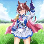  1girl absurdres animal_ears ascot asymmetrical_gloves blue_eyes blue_gloves blue_sky blush breasts brown_hair buttons cape cloud commentary_request day double-breasted ear_ribbon epaulettes gloves grass hair_between_eyes high_ponytail highres horse_ears horse_girl horse_tail jacket long_hair long_sleeves looking_at_viewer mismatched_gloves multicolored_hair multicolored_jacket one_eye_closed open_mouth outdoors pink_ascot pink_cape ponytail single_epaulette single_hair_streak skirt sky small_breasts solo streaked_hair tail taishi_karibe teeth tokai_teio_(peak_joy)_(umamusume) tokai_teio_(umamusume) two-tone_hair two-tone_jacket two-tone_skirt umamusume white_gloves white_hair white_jacket white_skirt white_streaks 