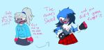 annoyed anthro avian beak before_and_after belt bird blue_body blue_feathers bluebird bottomwear clothing cookie-pone fan_character feathers fluffy fluffy_chest gloves grey_beak grey_body grey_feathers handwear hoodie male mountain_bluebird off-shoulder_top oscine passerine pink_eyes pleated_skirt sega shred_the_bluebird skirt solo sonic_the_hedgehog_(series) spikes thrush_(bird) topwear trans_(lore) trans_man_(lore)