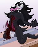 absurd_res black_body black_hair blood bodily_fluids clawing erection femboy gore hair hi_res humanoid long_tongue male nethermare penis_mutilation saw self-harm shizameakanzatsu solo tears tongue tools