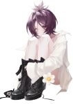  1girl absurdres black_boots blush boot_straps boots bottomless censored chrome_dokuro collared_shirt doodle_inset expressionless eyepatch full_body heterochromia highres katekyo_hitman_reborn! knee_boots knees_up long_sleeves looking_at_viewer open_clothes open_shirt purple_eyes purple_hair shirt short_hair simple_background sitting sleeves_past_wrists solo spaghetti_strap tareme untied_shoelaces unworn_eyepatch white_background white_eyes white_shirt zhizhangertong 