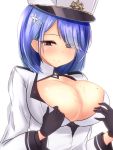  1girl aaabbbccccc azur_lane black_gloves blue_hair blush breasts chapayev_(azur_lane) eyebrows_visible_through_hair gloves hair_ornament hairclip hat jacket large_breasts looking_at_viewer military_hat mole mole_on_breast peaked_cap short_hair simple_background white_background white_headwear white_jacket 