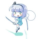  1girl black_hairband blush bow chibi chibi_only colored_shadow commentary_request green_eyes grey_hair hair_ribbon hairband hat hitodama katana konpaku_youmu konpaku_youmu_(ghost) korean_commentary looking_at_viewer lovelobten midair open_mouth ribbon shadow shirt short_hair short_sleeves skirt solo sword touhou vest weapon white_hair 