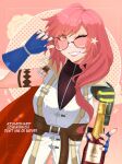  1girl artist_name azumishard blue_gloves bottle champagne_bottle cosplay eiyuu_densetsu final_fantasy final_fantasy_xiii fingerless_gloves glint gloves hair_between_eyes hair_bun holding holding_bottle lightning_farron lightning_farron_(cosplay) long_hair long_single_sidelock one_eye_closed pink_hair popped_collar sara_valestein sen_no_kiseki_(series) simple_background single_side_bun solo star_(symbol) sunglasses upper_body yellow_eyes 