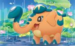  :d brown_eyes creature cufant day elephant flower forest from_side full_body gen_8_pokemon happy kirisaki nature no_humans official_art open_mouth outdoors plant pokemon pokemon_(creature) pokemon_trading_card_game profile puddle rain ripples smile solo standing tree 