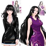 2girls animal_earrings artist_logo black_dress black_hair blue_eyes boa_hancock breasts china_dress chinese_clothes chococurrent choppy_bangs cleavage collared_dress commentary cowboy_shot dress earrings english_commentary eyelashes grey_eyes highres jewelry large_breasts leather_dress logo long_hair long_sleeves multiple_girls narrow_waist nico_robin one_piece parted_bangs pink_lips print_dress purple_dress reference_inset short_dress side_slit simple_background sleeveless sleeveless_dress very_long_hair white_background white_dress wing_collar 