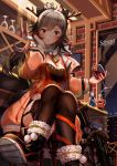  1girl alternate_costume animal_ears arknights bangs black_footwear black_hair black_legwear blush boots bow_(weapon) breasts brown_eyes cat_ears ceylon_(arknights) character_doll chin_rest christmas cleavage closed_mouth compound_bow crossbow crossed_legs cup drinking_glass elbow_rest fake_antlers fur-trimmed_boots fur_trim gloves highres holding holding_cup large_breasts leyuan_zhuifang long_hair looking_at_viewer schwarz_(arknights) sidelocks sitting solo thighhighs turtleneck very_long_hair weapon 