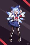 1girl alternate_costume armband bespectacled blue_bow blue_hair blue_sailor_collar blue_skirt blush bow bowtie brown_pantyhose brown_shoes cirno closed_eyes commentary contemporary detached_wings double_fox_shadow_puppet english_commentary facing_viewer fox_shadow_puppet full_body glasses hair_bow hellkids2 highres ice ice_wings loafers long_sleeves looking_at_viewer medium_hair open_mouth pantyhose pleated_skirt red_armband red_bow red_bowtie sailor_collar school_uniform semi-rimless_eyewear serafuku shirt shoes skirt smile solo touhou under-rim_eyewear white_shirt wings 