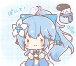  1girl ahoge blue_bow blue_cloak blue_hair blue_scarf blush_stickers bow brown_eyes chibi cloak closed_mouth daifuku_(yukihana_lamy) fur-trimmed_cloak fur_trim gradient_hair hair_bow heart heart_ahoge hololive long_hair mitarashi_neko mouth_hold multicolored_hair notice_lines pink_hair pointy_ears pompadour ponytail scar scar_across_eye scar_on_face scarf shirt smile stalk_in_mouth streaked_hair translation_request very_long_hair virtual_youtuber white_shirt yukihana_lamy 