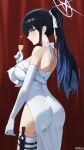  1girl absurdres alcohol artist_name ass black_hair blue_archive blue_eyes blue_hair blue_halo breasts champagne champagne_flute choker closed_mouth colored_inner_hair commentary cowboy_shot cup dress drinking_glass elbow_gloves from_side garter_straps gloves hair_ribbon halo hand_up highres holding holding_cup knife knife_sheath large_breasts long_hair looking_at_viewer mi_rong_abmiron multicolored_hair official_alternate_costume ponytail profile ribbon saori_(blue_archive) saori_(dress)_(blue_archive) sheath sheathed side_slit sideways_glance smile solo standing strapless strapless_dress thigh_sheath two-tone_hair white_choker white_dress white_gloves white_ribbon 