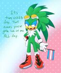 accipitrid accipitriform anthro avian beak bird clothing cookie-pone english_text eyeshadow eyewear eyewear_on_head feathers flag flag_(object) fluffy fluffy_chest footwear gloves goggles goggles_on_head green_body green_feathers handwear hi_res holding_flag holding_object international_transgender_day_of_visibility jet_the_hawk lgbt_pride makeup male mastectomy_scar pride_colors scar sega shoes smile smirk solo sonic_riders sonic_the_hedgehog_(series) text trans_(lore) trans_man_(lore) transgender_pride_colors white_body white_feathers yellow_beak