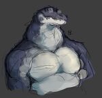 2023 anthro blue_body countershade_face countershade_neck countershade_torso countershading crocodile crocodilian eyewear glasses grey_background hi_res male male_anthro musclegut muscular muscular_anthro muscular_male nude nude_anthro nude_male reptile scalie simple_background sketch slightly_chubby slightly_chubby_anthro slightly_chubby_male solo teeth wearing_glasses white_body wormonacytring