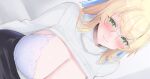  1girl alternate_breast_size_(larger) alternate_costume anesaki bespectacled black_skirt blonde_hair blue_bow blush bow bra breasts casual cendrillion_(wonderland_wars) cleavage closed_mouth clothes_lift commentary_request double-parted_bangs glasses green_eyes hair_bow huge_breasts indoors long_hair long_sleeves paid_reward_available raised_eyebrows ribbed_sweater sidelocks skirt smile solo striped_bow sweater sweater_lift turtleneck turtleneck_sweater underwear white_bra white_sweater wonderland_wars 