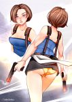  1girl absurdres ass blue_eyes blush breasts brown_hair cameltoe cleavage clothes_around_waist collage dual_wielding from_behind gun handgun highres holding holster idle_antics jill_valentine medium_breasts miniskirt no_bra nose_blush orange_panties panties pantyshot pantyshot_(standing) resident_evil resident_evil_3 short_hair shoulder_holster skirt sleeveless solo standing striped striped_panties sweater_around_waist underwear upskirt weapon wind wind_lift 