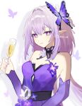  1girl alcohol bare_shoulders breasts bug butterfly castorice_(gossamer_flutter)_(honkai:_star_rail) castorice_(honkai:_star_rail) champagne champagne_flute commentary cup detached_sleeves dress drinking_glass highres honkai:_star_rail honkai_(series) long_hair looking_at_viewer medium_breasts official_alternate_costume pointy_ears purple_dress purple_eyes purple_hair simple_background smile solo twitter_username very_long_hair yakiuo_uo 