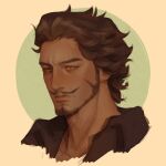  1boy beard black_hair circle closed_mouth collared_shirt commentary dracule_mihawk facial_hair green_background hair_slicked_back highres koitotwt looking_ahead male_focus mustache one_piece one_piece_(live_action) portrait shirt short_hair solo yellow_background yellow_eyes 
