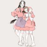  2girls ^_^ apron blush brown_hair closed_eyes commentary_request full_body hand_on_own_hip highres lin_(sen_to_chihiro_no_kamikakushi) long_hair low-tied_long_hair mashmash213 multiple_girls ogino_chihiro pink_apron pink_shorts pink_sweater ponytail purple_apron sen_to_chihiro_no_kamikakushi shorts sidelocks simple_background smile sweater white_background 