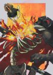  1boy bone darth_vader energy_sword explosion helmet highres irispardom lightsaber red_eyes ribs sith skeleton skull spacecraft spine star_wars sword undead weapon 