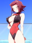  1girl breasts brown_eyes commentary_request covered_nipples cowboy_shot danpu front_zipper_swimsuit highres izayoi_aki large_breasts looking_at_viewer meme_attire one-piece_swimsuit red_hair red_swimsuit short_hair solo standing swimsuit turtleneck yuu-gi-ou yuu-gi-ou_5d&#039;s 