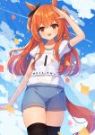  1girl absurdres akatanotaki animal_ears black_thighhighs blue_shorts blue_sky blush bow breasts brown_ribbon cloud commentary_request ear_bow ear_ribbon gym_shirt gym_shorts hair_between_eyes highres horse_ears horse_girl horse_tail long_hair looking_at_viewer mayano_top_gun_(umamusume) open_mouth orange_eyes orange_hair orange_tail original_race_uniform_(umamusume) race_bib ribbon salute shirt short_sleeves shorts sky small_breasts smile solo tail thighhighs thighs two_side_up umamusume white_shirt 