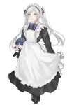  1girl absurdres alternate_costume apron apron_hold black_dress black_hairband black_ribbon black_shoes bow bowtie breasts brown_eyes character_doll chrom_(fire_emblem) doll dress enmaided female_robin_(fire_emblem) fire_emblem fire_emblem_awakening full_body grey_hair hair_ribbon hairband high_heels highres holding holding_doll long_dress long_hair long_sleeves maid maid_apron maid_headdress purple_bow purple_bowtie ribbon shoes solo standing swept_bangs twintails yoka_(103xp) 