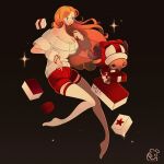  1boy 1girl alternate_costume animal_ears antlers bare_shoulders black_background box bracelet breasts cleavage deer_ears discooco english_commentary full_body highres horns jewelry long_hair nami_(one_piece) no_shoes off-shoulder_sweater off_shoulder one_piece open_mouth orange_hair red_shorts reindeer_antlers reindeer_boy short_sleeves shorts signature sparkle sweater thighhighs tony_tony_chopper white_sweater white_thighhighs 