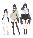  1girl absurdres age_progression alternate_breast_size_(larger) amaterasu_(himegami_emaki) arms_at_sides bare_arms barefoot black_bow black_bowtie black_cardigan black_hair black_shoes black_skirt blunt_bangs bow bowtie breasts brown_serafuku brown_shirt brown_skirt button_gap cardigan cleavage clenched_hands closed_mouth collarbone collared_shirt commentary contrapposto defaultkavy dress fidgeting flat_color frown full_body hand_up high-waist_skirt highres hime_cut himegami_emaki huge_breasts large_breasts long_hair long_sleeves looking_at_viewer miniskirt open_mouth pleated_skirt red_eyes school_uniform serafuku shirt shirt_tucked_in shoes simple_background single_sleeve_past_fingers skirt smile spaghetti_strap standing sundress tented_shirt untranslatable_commentary very_long_hair white_background white_dress white_shirt 