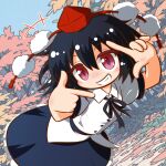  +++ 1girl black_hair black_skirt chibi commentary_request hair_between_eyes hat highres kajiya_no_masa looking_at_viewer one-hour_drawing_challenge pink_eyes pom_pom_(clothes) red_hat shameimaru_aya shirt short_hair skirt smile solo teeth tokin_hat touhou white_shirt 