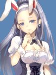  1girl animal_ears black_gloves blush breasts bunny_ears choker cleavage dress earrings eir_(fire_emblem) fire_emblem fire_emblem_heroes gloves hair_ornament jewelry jurge long_hair ponytail silver_hair solo very_long_hair 