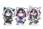  3girls :3 :t alicemuyuki animal_hood baseball_cap black_sailor_collar black_serafuku black_shirt black_skirt blue_eyes blue_hair blue_hat blue_skirt blue_streaks blunt_bangs blush_stickers braid braided_twintails bright_pupils cat_hood chibi chibi_only colored_inner_hair commentary demon_girl demon_hood demon_tail drink_carton english_commentary fang full_body goggles goggles_on_head green_eyes grey_socks hat hat_under_hood highres hololive hood hood_up hooded_jacket hooded_shrug horned_hood horns hoshimachi_suisei hoshimachi_suisei_(sailor) jacket juice_box liquid_tail long_hair long_sleeves low_twin_braids low_twintails minato_aqua minato_aqua_(sailor) miniskirt multicolored_hair multiple_girls official_alternate_costume official_alternate_hairstyle open_clothes open_jacket pantyhose pink_streaks pleated_skirt purple_eyes purple_hair raised_eyebrows roller_skates sailor_collar school_uniform serafuku shirt shorts shrug_(clothing) sidelocks simple_background skates ski_goggles skin_fang skirt socks star_(symbol) star_in_eye startend_(hololive) strapless streaked_hair symbol_in_eye tail tokoyami_towa tokoyami_towa_(cyberpunk) tube_top turtleneck twin_braids twintails two-tone_hair v-shaped_eyebrows virtual_youtuber white_background white_jacket white_pantyhose white_pupils white_shirt white_shorts white_shrug white_tail white_tube_top 