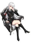  1girl absurdres armchair black_footwear boots chair crossed_legs hand_on_head highres leticia0 long_hair looking_at_viewer military military_uniform nazi nazi_war_ensign original red_eyes silver_hair sitting solo tight uniform white_background 