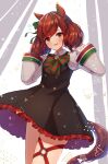  1girl absurdres akatanotaki animal_ears black_dress blush bow bowtie brown_eyes brown_hair commentary_request diagonal-striped_bow dress ear_bow ear_covers ear_ribbon green_bow green_bowtie highres horse_ears horse_girl horse_tail juliet_sleeves long_sleeves looking_at_viewer medium_hair multicolored_hair nice_nature_(poinsettia_ribbon)_(umamusume) nice_nature_(umamusume) o-ring o-ring_thigh_strap pinafore_dress puffy_sleeves shirt sleeveless sleeveless_dress smile solo streaked_hair striped_bow striped_bowtie striped_clothes sweatdrop tail thigh_strap twintails umamusume 