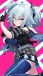  1girl absurdres bare_shoulders belt black_gloves blue_eyes blue_legwear covered_navel double_v eyebrows_visible_through_hair girls_frontline gloves grin hair_between_eyes hair_ornament highres looking_at_viewer make_maketan medium_hair pa-15_(girls_frontline) pink_background silver_hair single_half_glove smile snap-fit_buckle solo thick_eyebrows thighhighs two_side_up v 