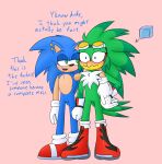 accipitrid accipitriform anthro avian beak bird blue_body blue_eyes blue_fur blush boots clothing cookie-pone dialogue duo ear_piercing ear_ring english_text eyewear eyewear_on_head fangs feathers fluffy fluffy_chest flustered footwear fur gloves goggles goggles_on_head green_body green_eyes green_feathers hand_over_shoulder handwear hi_res jet_the_hawk male piercing ring_piercing sega shaking shoes smile smirk sonic_riders sonic_the_hedgehog sonic_the_hedgehog_(series) tan_body tan_fur teeth text wide_eyed yellow_beak