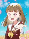  1girl black_bow blue_sky bow braid brown_dress brown_hair center-flap_bangs cloud commentary_request day dress falling_petals field flower flower_field hair_bow hasu_no_sora_school_uniform highres kachimachi_kosuzu link!_like!_love_live! long_hair long_sleeves looking_at_viewer love_live! mano_409 neckerchief offering_hand outdoors petals pink_eyes pink_petals sailor_collar sailor_dress school_uniform side_ahoge side_braids sky solo upper_body virtual_youtuber white_sailor_collar winter_uniform yellow_neckerchief 