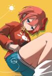  1girl blue_eyes blush bow breasts cookie doki_doki_literature_club food food_in_mouth hair_bow highres kevindude12739 long_sleeves looking_at_viewer red_bow sayori_(doki_doki_literature_club) short_hair solo sun yellow_background 