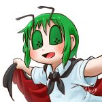  1girl antennae avatar_icon cape cape_lift chamaji collared_shirt commentary eyebrows_visible_through_hair green_hair hair_between_eyes looking_at_viewer lowres open_mouth shirt short_hair short_sleeves signature smile solo touhou upper_body white_background wriggle_nightbug 