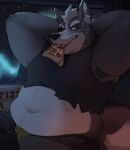 anthro armpit_hair belly black_nose body_hair borkthunder canid canine canis cheese clothing dairy_products digital_drawing_(artwork) digital_media_(artwork) english_description eye_patch eyewear food food_in_mouth fur grey_body grey_fur ham hands_behind_head hands_behind_own_head hi_res looking_at_viewer male mammal meat navel nintendo overweight overweight_anthro overweight_male pepperoni pizza pizza_slice pork shirt solo star_fox topwear torn_clothing torn_shirt torn_topwear white_body white_fur wolf wolf_o'donnell