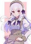  1girl apron apron_hold brown_apron brown_headdress brown_wrist_cuffs closed_mouth commentary_request dress fire_emblem fire_emblem:_three_houses fire_emblem_heroes gogatsu_(yeaholiday) hair_ribbon highres long_hair long_sleeves looking_to_the_side lysithea_von_ordelia lysithea_von_ordelia_(tea_party) maid_headdress official_alternate_costume official_alternate_hairstyle puffy_sleeves purple_eyes purple_ribbon ribbon smile solo white_dress white_hair wrist_cuffs 